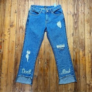 Zuiki jens denim for ever and ever embroidered Don’t Mind graphic legs ripped